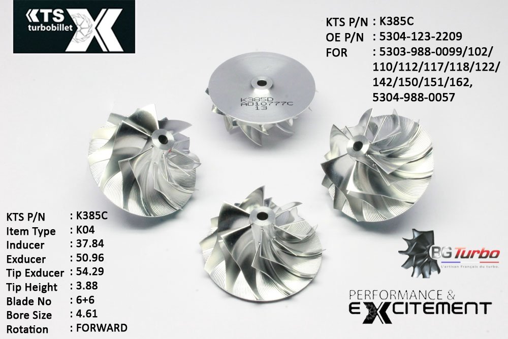Turbo ROUE FORGÉE MFS PERFORMANCE - 6+6 PALES - INDUCER : 37,84 - EXDUCER : 50,96 - TYPE : K04ANGLE : 60° - ROTATION : Forward - SUPER BACK : 1,8 - BORE SIZE : 4,61
